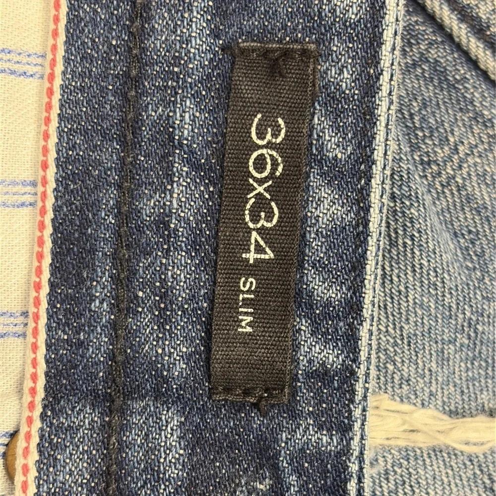 Banana Republic Jeans Mens 36x34 Blue Selvedge Slim Fit Distressed Button Fly